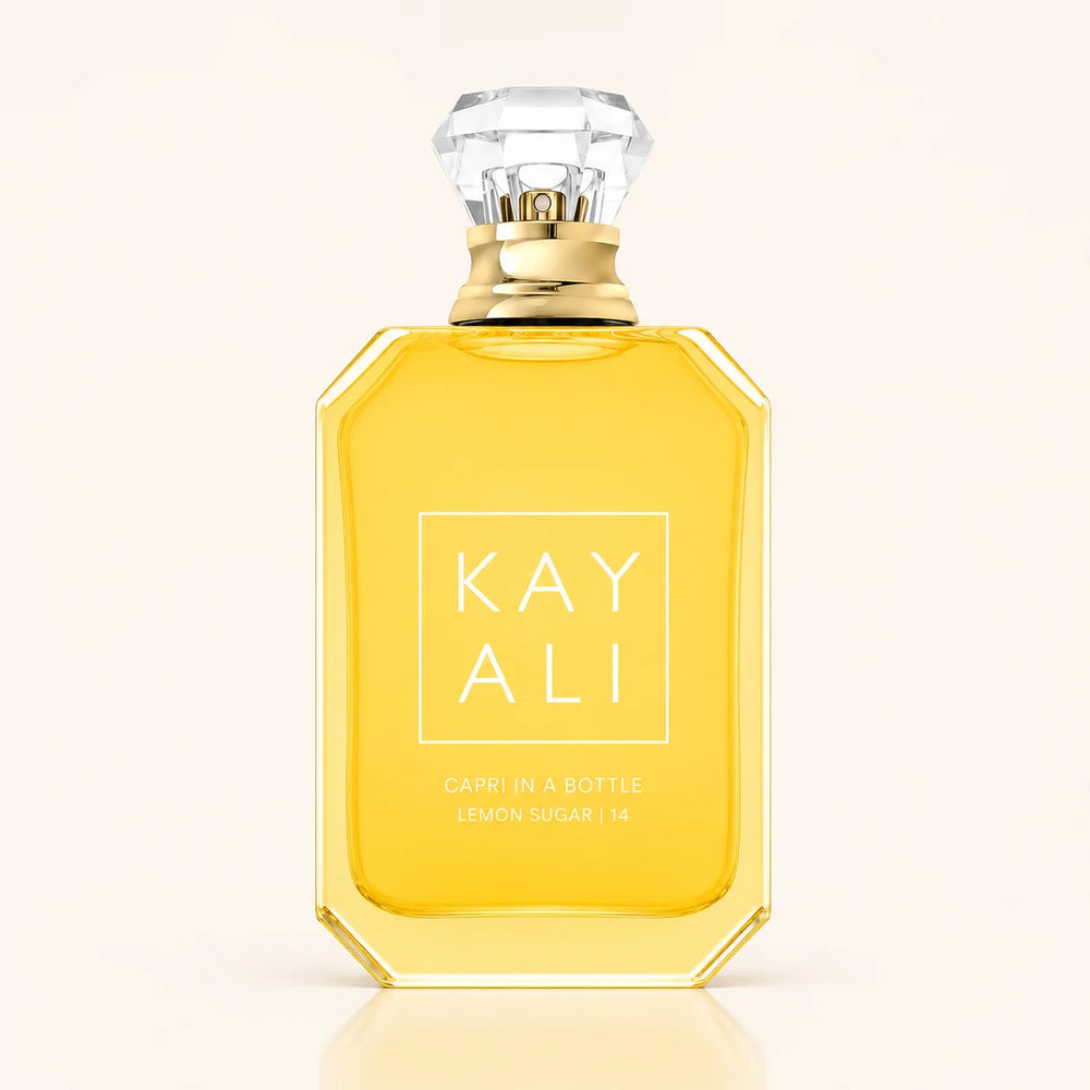 KAYALI Capri in a Bottle Lemon Sugar 14 EDP bottle on ivory background