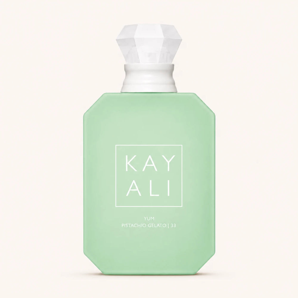 KAYALI Yum Pistachio Gelato 33 EDP bottle on ivory background