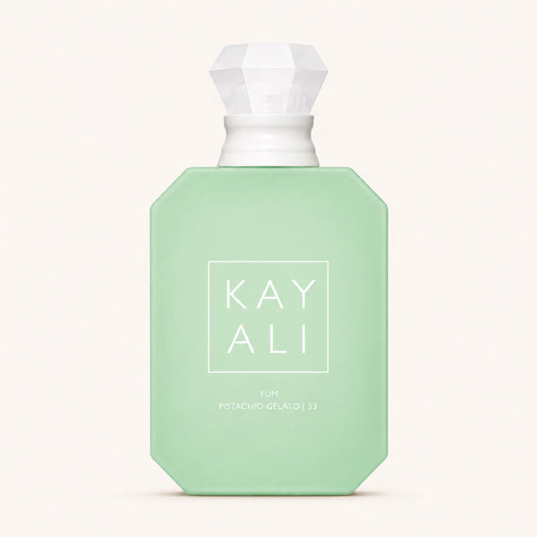 KAYALI Yum Pistachio Gelato 33 EDP bottle on ivory background