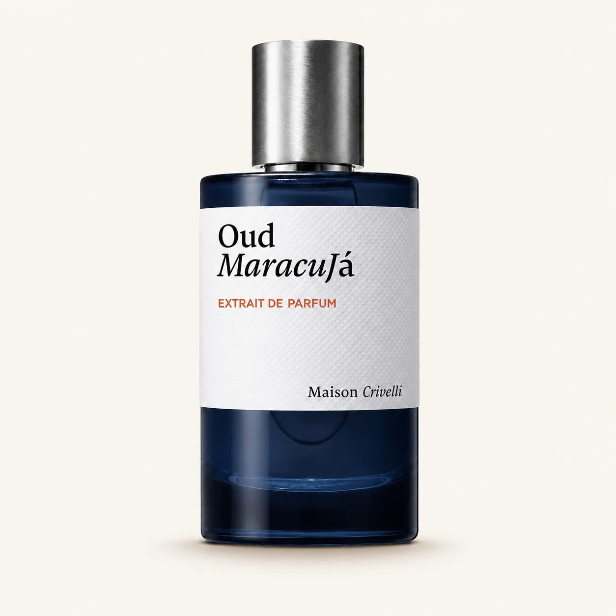 Maison Crivelli Oud Maracuja extrait bottle on ivory background