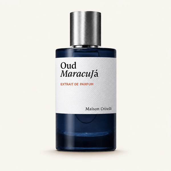 Maison Crivelli Oud Maracuja extrait bottle on ivory background
