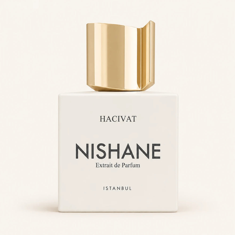 Nishane Hacivat Extrait bottle on ivory background